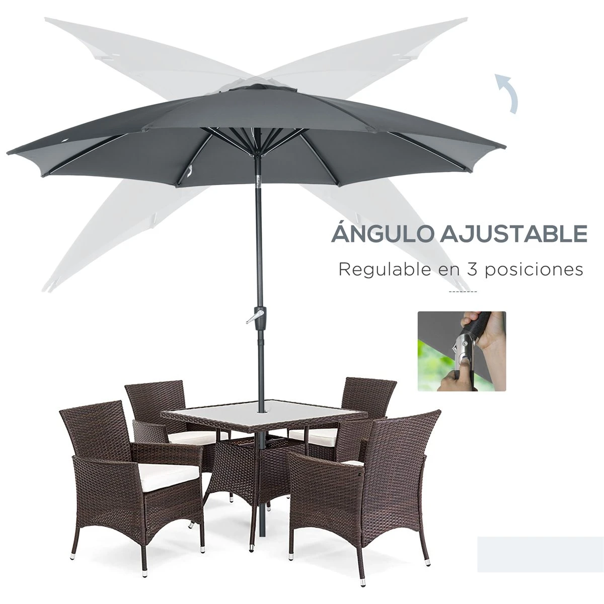 Outsunny Sombrilla De Jardín Ø300x240 Cm Parasol De Terraza Con Manivela Techo Inclinable Y 8 Varillas De Metal Para Patio Balcón Exterior Gris 6 Outsunny Sombrilla De Jardín Ø300x240 Cm Parasol De Terraza Con Manivela Techo Inclinable Y 8 Varillas De Metal Para Patio Balcón Exterior Gris - Imagen 4