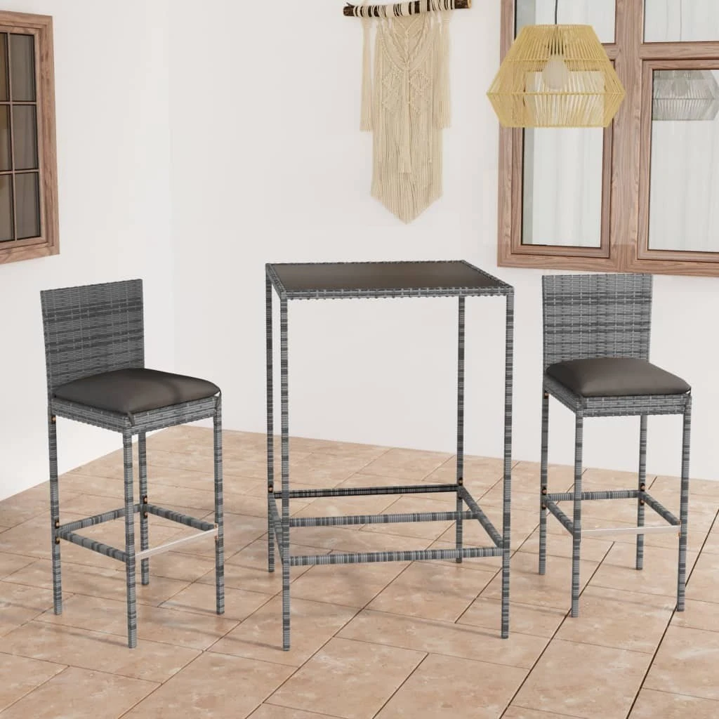 Set Muebles Bar Jardín 3 Piezas Y Cojines Ratán Sintético Gris VidaXL 5 Set Muebles Bar Jardín 3 Piezas Y Cojines Ratán Sintético Gris VidaXL - Imagen 3