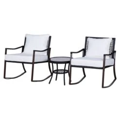 Outsunny Conjunto De Muebles De Ratán Para Jardín Con Mesa Ø51x46 Cm Y 2 Sillas Mecedoras 65,5x73,5x84,5 Cm Con Cojines Lavables Y Almohadas Blanco Y Marrón