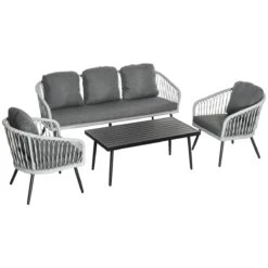 Outsunny Conjunto De Muebles De Ratán Y Aluminio Juego De Muebles De Jardín 4 Piezas Mesa De Café Sofá De 3 Plazas Y 2 Sillones Con Cojines Para Terraza Exterior Gris