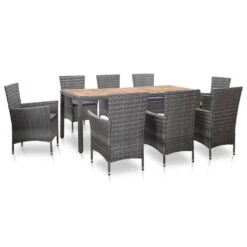 Set De Comedor De Jardín 9 Pzas Y Cojines Ratán Sintético Gris VidaXL