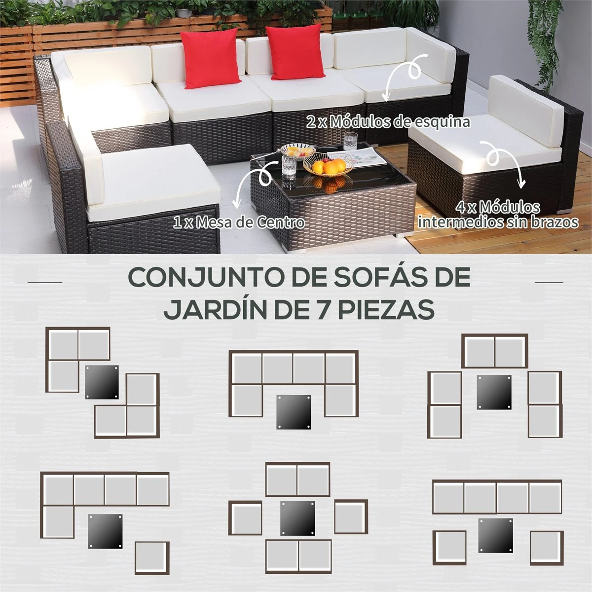 Outsunny Conjunto Muebles De Jardín Ratán 7 Piezas Set De Sofás Patio Con 1 Mesita Almohada Y Cojín Incluido Marco Acero Resistente Intemperie UV Marrón 8 Outsunny Conjunto Muebles De Jardín Ratán 7 Piezas Set De Sofás Patio Con 1 Mesita Almohada Y Cojín Incluido Marco Acero Resistente Intemperie UV Marrón - Imagen 6