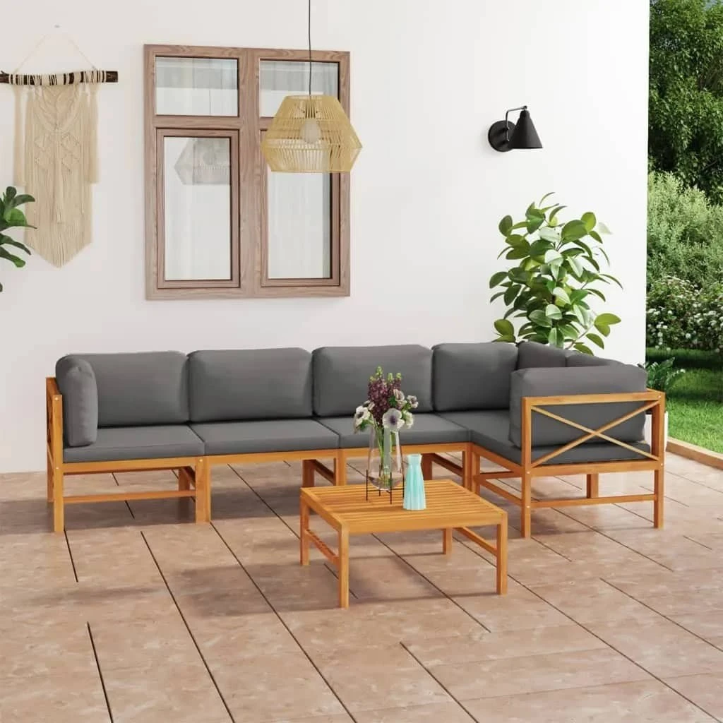 Set De Muebles De Jardín 6 Pzas Madera De Teca Y Cojines Gris VidaXL 5 Set De Muebles De Jardín 6 Pzas Madera De Teca Y Cojines Gris VidaXL - Imagen 3