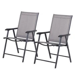 Outsunny Conjunto De 2 Sillas Plegables Para Exterior Con Reposabrazos Sillas Para Balcones Jardín Terraza Metal Texteline Carga 100kg 58x64x94 Cm Gris