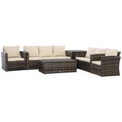 Outsunny Conjunto De Muebles De Jardín De Ratán 6 Piezas Sofá Doble Sofá De 3 Plazas 2 Sillones Individuales 2 Mesas Auxiliares Con Almacenamiento Y Cojines Acolchados Marrón Y Crema