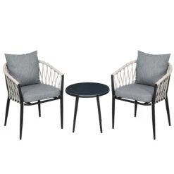 Outsunny Conjunto De Muebles De Jardín 3 Piezas Juego De Muebles De Terraza Incluye Mesa Con Encimera De Vidrio Templado Y 2 Sillones Con Cojines Reposabrazos De Cuerda Polipropileno Gris