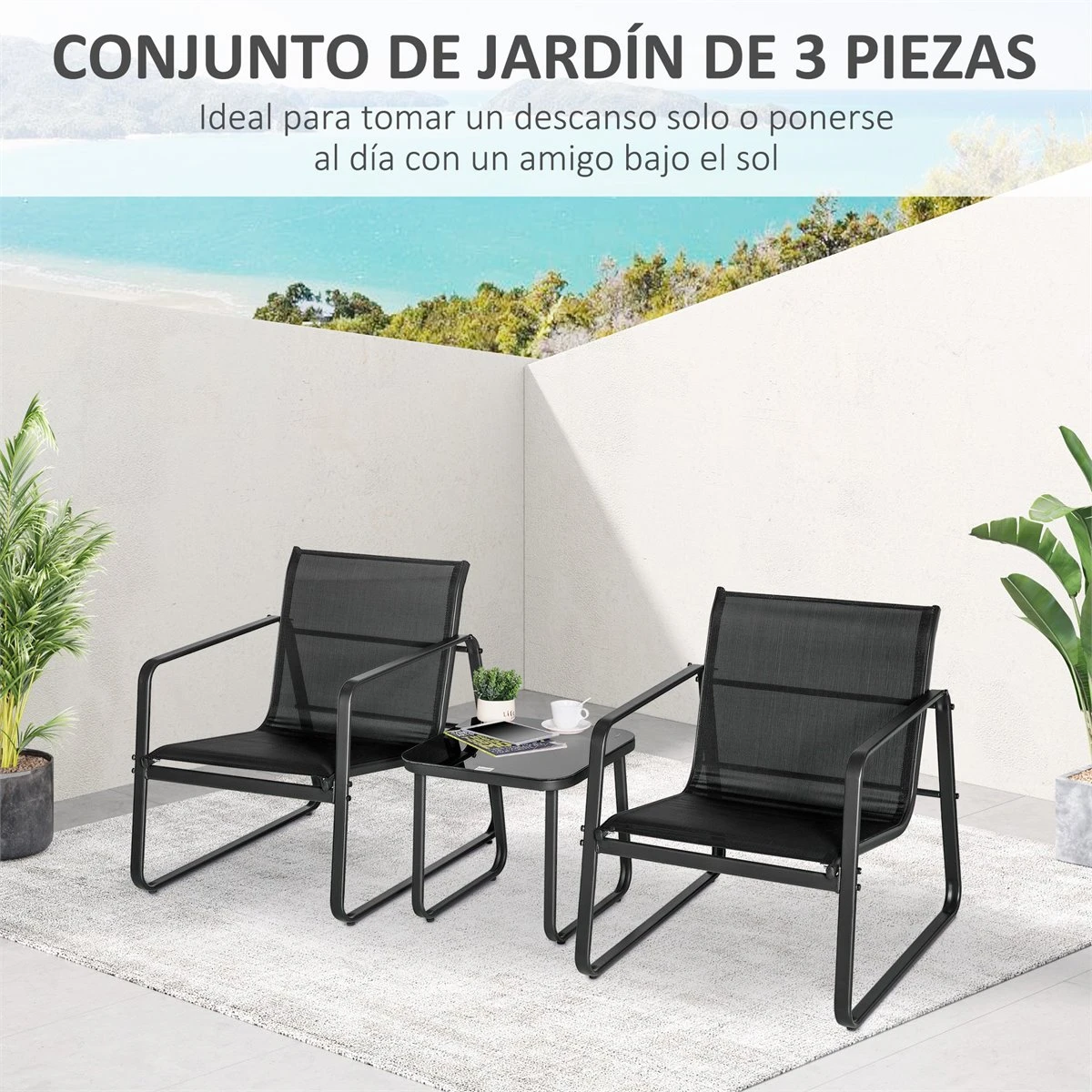 Outsunny Conjunto De Muebles De Jardín 3 Piezas Mesa De Vidrio Templado 44x44x41 Cm Y 2 Sillas 62x80x75 Cm Con Reposabrazos Y Respaldo Transpirable Para Terraza Balcón Negro 6 Outsunny Conjunto De Muebles De Jardín 3 Piezas Mesa De Vidrio Templado 44x44x41 Cm Y 2 Sillas 62x80x75 Cm Con Reposabrazos Y Respaldo Transpirable Para Terraza Balcón Negro - Imagen 4
