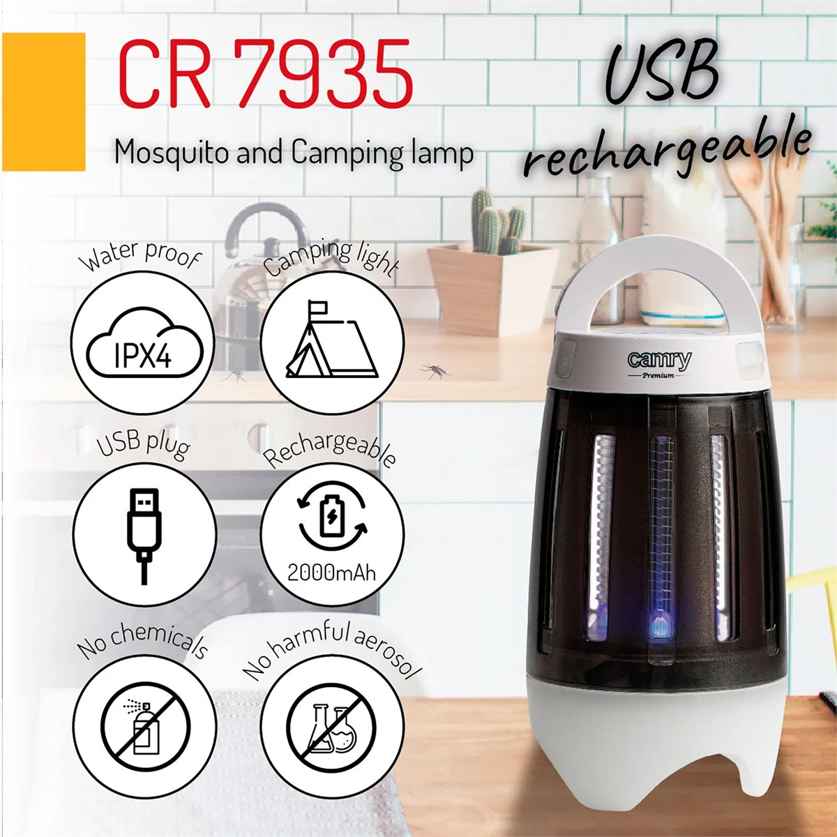 Camry CR 7935 Lámpara Anti-mosquitos, Lámpara Camping LED 2 En 1, Recargable USB Radio Acción 40 M², Camping, 2 , Blanco/Negro 7 Camry CR 7935 Lámpara Anti-mosquitos, Lámpara Camping LED 2 En 1, Recargable USB Radio Acción 40 M², Camping, 2 , Blanco/Negro - Imagen 5