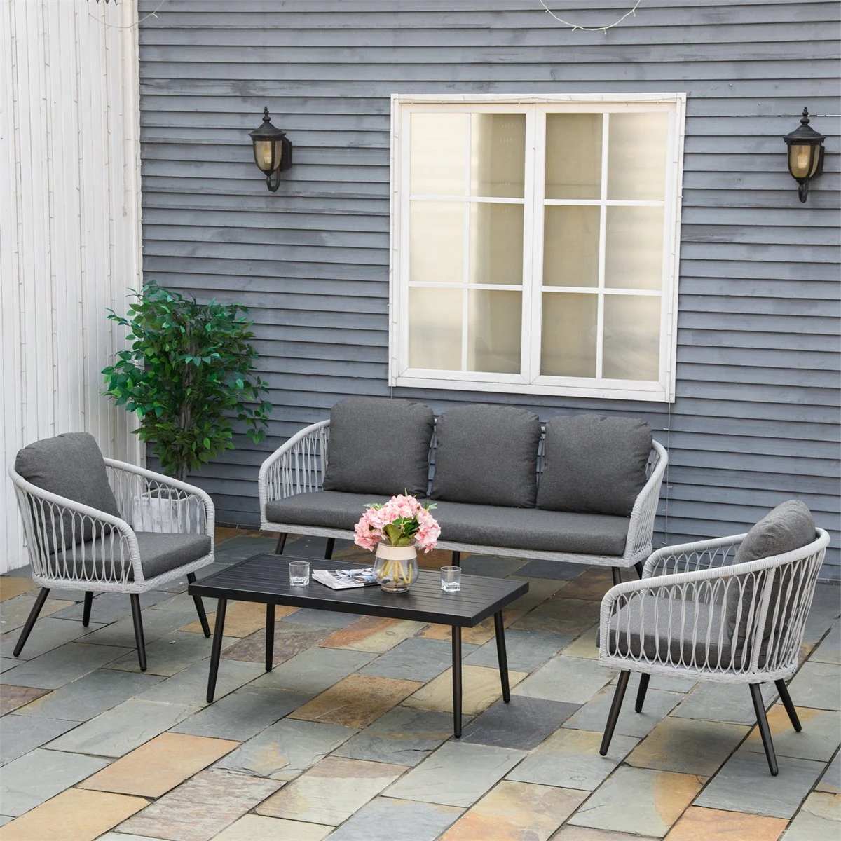 Outsunny Conjunto De Muebles De Ratán Y Aluminio Juego De Muebles De Jardín 4 Piezas Mesa De Café Sofá De 3 Plazas Y 2 Sillones Con Cojines Para Terraza Exterior Gris 4 Outsunny Conjunto De Muebles De Ratán Y Aluminio Juego De Muebles De Jardín 4 Piezas Mesa De Café Sofá De 3 Plazas Y 2 Sillones Con Cojines Para Terraza Exterior Gris - Imagen 2