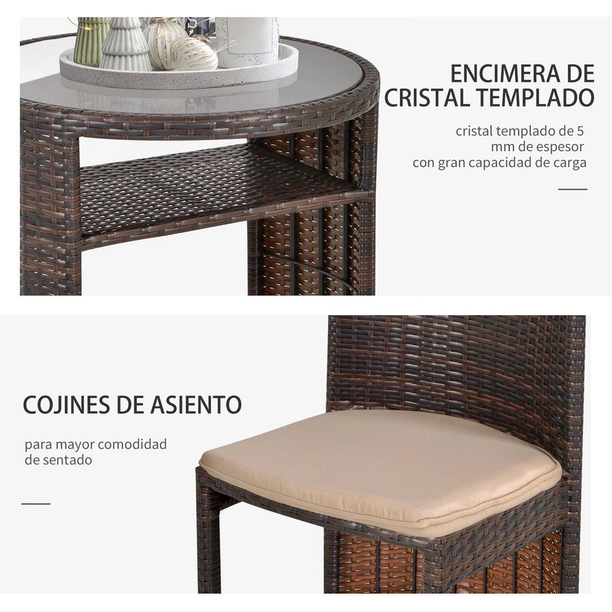 Outsunny Conjunto De Muebles Ratán De Jardín 3 Piezas Con 1 Mesa De Café Y 2 Sillas Con Cojines Para Terraza Exterior Fácil Almacenaje Acero Marrón 8 Outsunny Conjunto De Muebles Ratán De Jardín 3 Piezas Con 1 Mesa De Café Y 2 Sillas Con Cojines Para Terraza Exterior Fácil Almacenaje Acero Marrón - Imagen 6