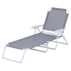 Outsunny Tumbona Reclinable Y Plegable De Jardín Con Respaldo Ajustable En 4 Posiciones Marco De Metal Texteline Transpirable 160x66x80 Cm Gris
