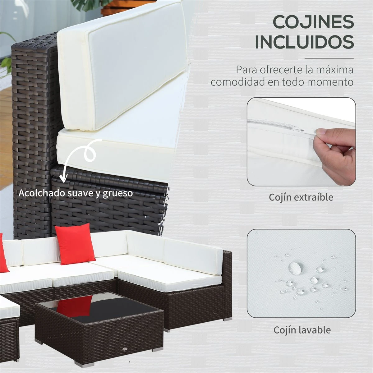 Outsunny Conjunto Muebles De Jardín Ratán 7 Piezas Set De Sofás Patio Con 1 Mesita Almohada Y Cojín Incluido Marco Acero Resistente Intemperie UV Marrón 7 Outsunny Conjunto Muebles De Jardín Ratán 7 Piezas Set De Sofás Patio Con 1 Mesita Almohada Y Cojín Incluido Marco Acero Resistente Intemperie UV Marrón - Imagen 5
