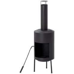 Outsunny Chimenea De Jardín Estufa De Terraza De Metal Chimenea De Patio Con Cámara De Fuego Atizador Y Techo Para Humo Para Camping Al Aire Libre Exterior 30x30x105 Cm Negro