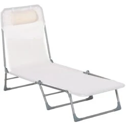 Outsunny Tumbona Plegable Y Reclinable De Jardín Con Reposacabezas Y Respaldo Ajustable En 5 Niveles Tela De Texteline Transpirable 182x56x24,5 Cm Crema