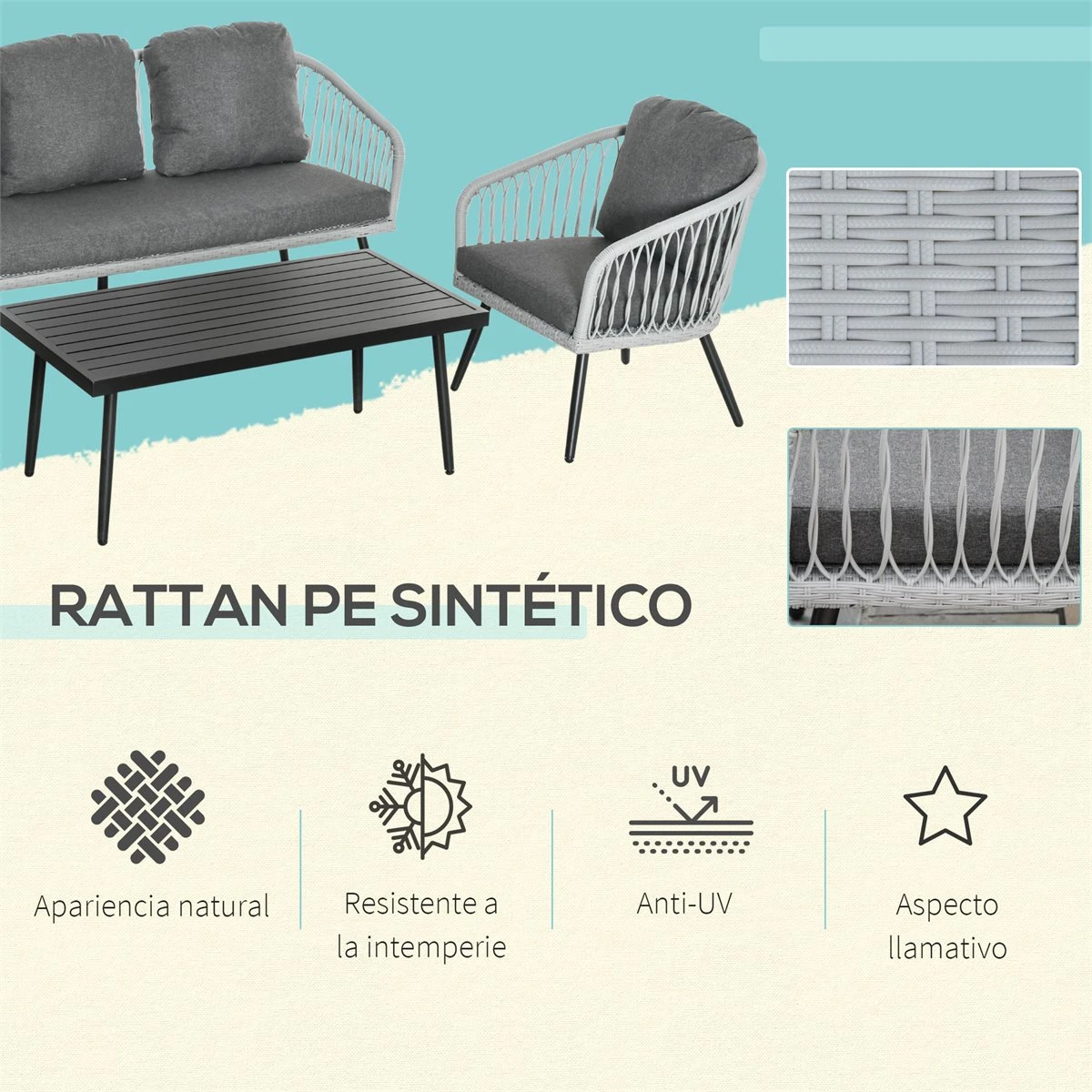 Outsunny Conjunto De Muebles De Ratán Y Aluminio Juego De Muebles De Jardín 4 Piezas Mesa De Café Sofá De 3 Plazas Y 2 Sillones Con Cojines Para Terraza Exterior Gris 6 Outsunny Conjunto De Muebles De Ratán Y Aluminio Juego De Muebles De Jardín 4 Piezas Mesa De Café Sofá De 3 Plazas Y 2 Sillones Con Cojines Para Terraza Exterior Gris - Imagen 4