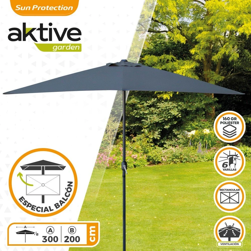 Parasol Rectangular 200x300cm Antracita Mástil Aluminio Aktive Garden 4 Parasol Rectangular 200x300cm Antracita Mástil Aluminio Aktive Garden - Imagen 2
