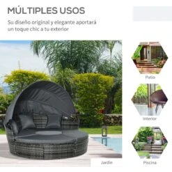 Outsunny Isla De Ratán Modular Para Exterior 5 Piezas Tumbona Redonda Con Toldo Plegable Cojines Extraíbles Lavables Y 3 Almohadas Marco De Metal 175x180x147 Cm Gris -Jardín Muebles Ventas 67c52b43ddae35174277cda01cf419be45b25121 3b08929fcc0a4279929289f18e8ef850
