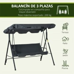 Outsunny Columpio Balancín De Jardín Exterior De 3 Plazas Con Cojín Techo Ajustable Y Marco De Acero Para Balcón Terraza Patio Carga Máx. 200 Kg 172x110x153 Cm Gris -Jardín Muebles Ventas 683c0010cbb6426b66ead9c11e9ed753a50ed273 58d1ec7a5cdc479db925989c912fc41a