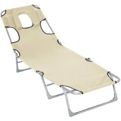 Outsunny Tumbona Reclinable Y Plegable De Jardín Con Orificio De Lectura Reposacabezas Y Respaldo Ajustable En 5 Niveles Para Playa 182x56x24,5 Cm Beige