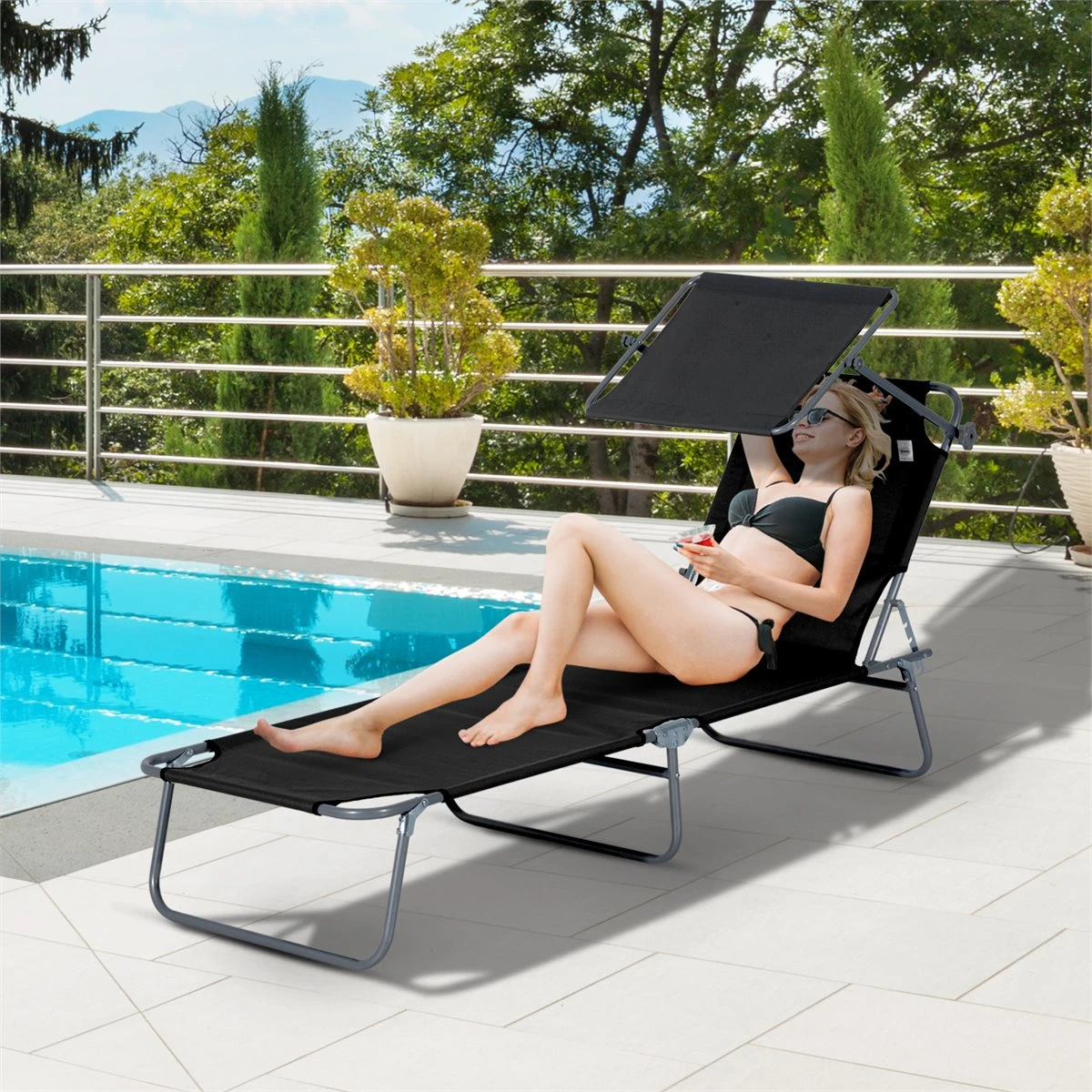 Outsunny Tumbona De Jardín Plegable Con Toldo Desmontable Y Regulable Respaldo Reclinable Para Jardín Terraza Acampada Al Aire Libre 187x58x36cm Negro 4 Outsunny Tumbona De Jardín Plegable Con Toldo Desmontable Y Regulable Respaldo Reclinable Para Jardín Terraza Acampada Al Aire Libre 187x58x36cm Negro - Imagen 2