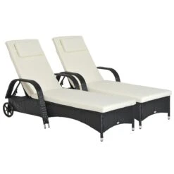Outsunny Conjunto De 2 Tumbonas De Ratán De Jardín Chaise Longue Con Respaldo Ajustable En 5 Posiciones Cojines Acolchados Reposacabezas Y 2 Ruedas 200x73x72-103 Cm Negro
