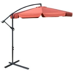 Outsunny Sombrilla De Jardín Ø265 Cm Parasol Excéntrico Con Techo Inclinable Manivela 8 Costillas De Metal Y Base Cruzada Protección Solar Para Terraza Balcón Exterior Rojo Vino