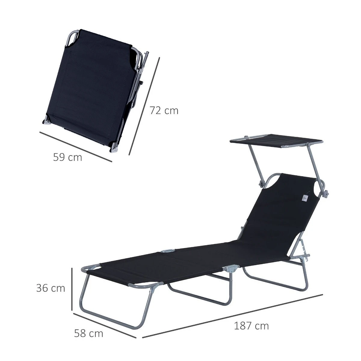 Outsunny Tumbona De Jardín Plegable Con Toldo Desmontable Y Regulable Respaldo Reclinable Para Jardín Terraza Acampada Al Aire Libre 187x58x36cm Negro 5 Outsunny Tumbona De Jardín Plegable Con Toldo Desmontable Y Regulable Respaldo Reclinable Para Jardín Terraza Acampada Al Aire Libre 187x58x36cm Negro - Imagen 3