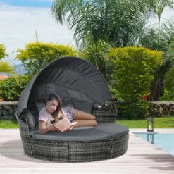 Outsunny Isla De Ratán Modular Para Exterior 5 Piezas Tumbona Redonda Con Toldo Plegable Cojines Extraíbles Lavables Y 3 Almohadas Marco De Metal 175x180x147 Cm Gris -Jardín Muebles Ventas 989df98acc2e392a8f3396d4ff52fc65e67d8cdb 08823759aa5d46b9b9e201348d7e29eb