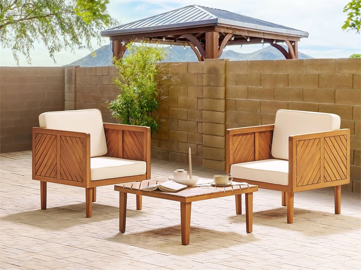 Conjunto De Jardín De 2 Sillones De Acacia Con Mesa De Centro Madera Clara/blanco Crema BARATTI 3 Conjunto De Jardín De 2 Sillones De Acacia Con Mesa De Centro Madera Clara/blanco Crema BARATTI