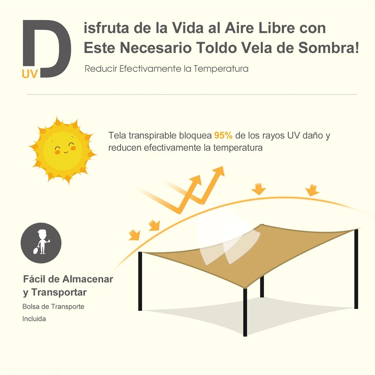 Outsunny - Toldo Vela Cuadrado (varios Tamaños Y Colores), Tamaño 3x3m, Color Arena 5 Outsunny - Toldo Vela Cuadrado (varios Tamaños Y Colores), Tamaño 3x3m, Color Arena - Imagen 3