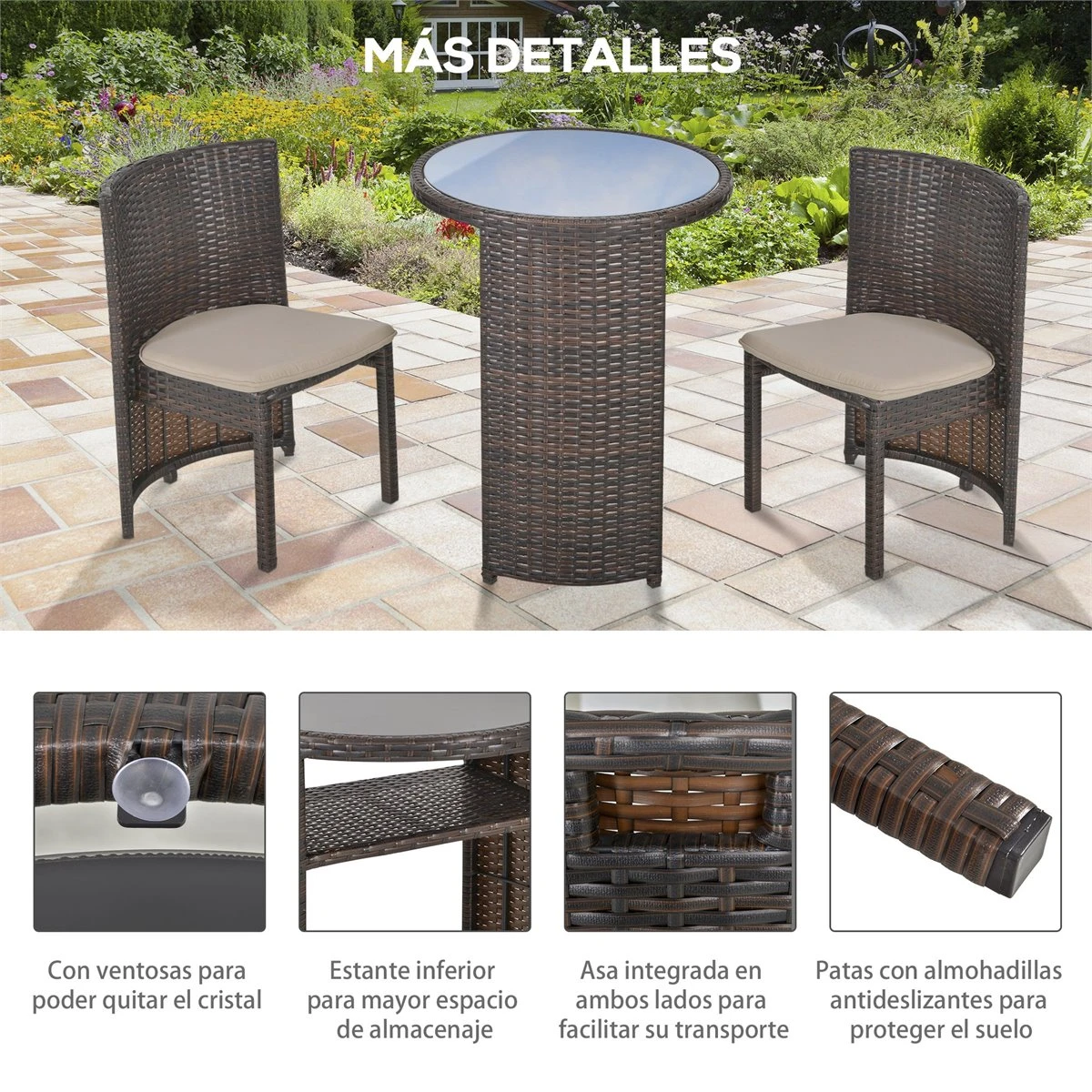 Outsunny Conjunto De Muebles Ratán De Jardín 3 Piezas Con 1 Mesa De Café Y 2 Sillas Con Cojines Para Terraza Exterior Fácil Almacenaje Acero Marrón 9 Outsunny Conjunto De Muebles Ratán De Jardín 3 Piezas Con 1 Mesa De Café Y 2 Sillas Con Cojines Para Terraza Exterior Fácil Almacenaje Acero Marrón - Imagen 7