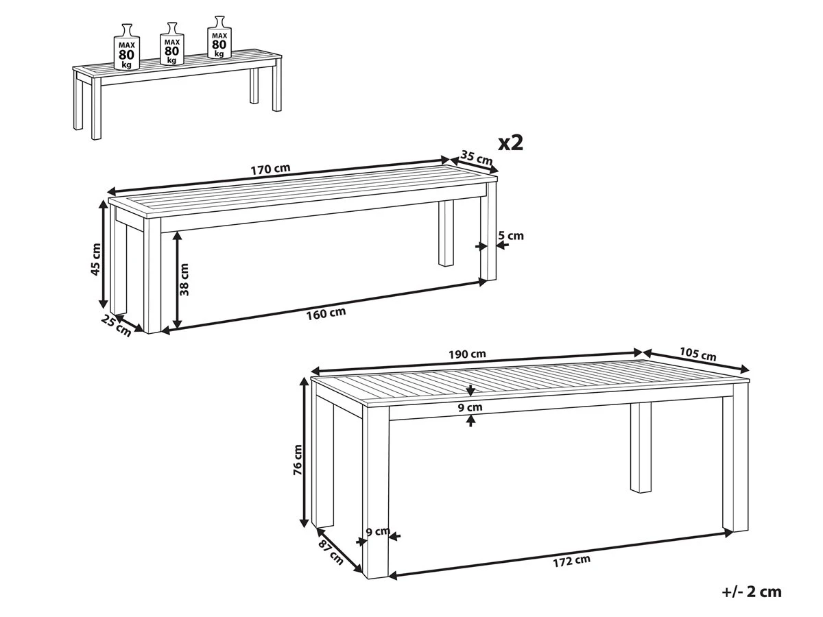 Conjunto De Jardín Mesa Y 2 Bancos Madera Clara MONSANO 5 Conjunto De Jardín Mesa Y 2 Bancos Madera Clara MONSANO - Imagen 3