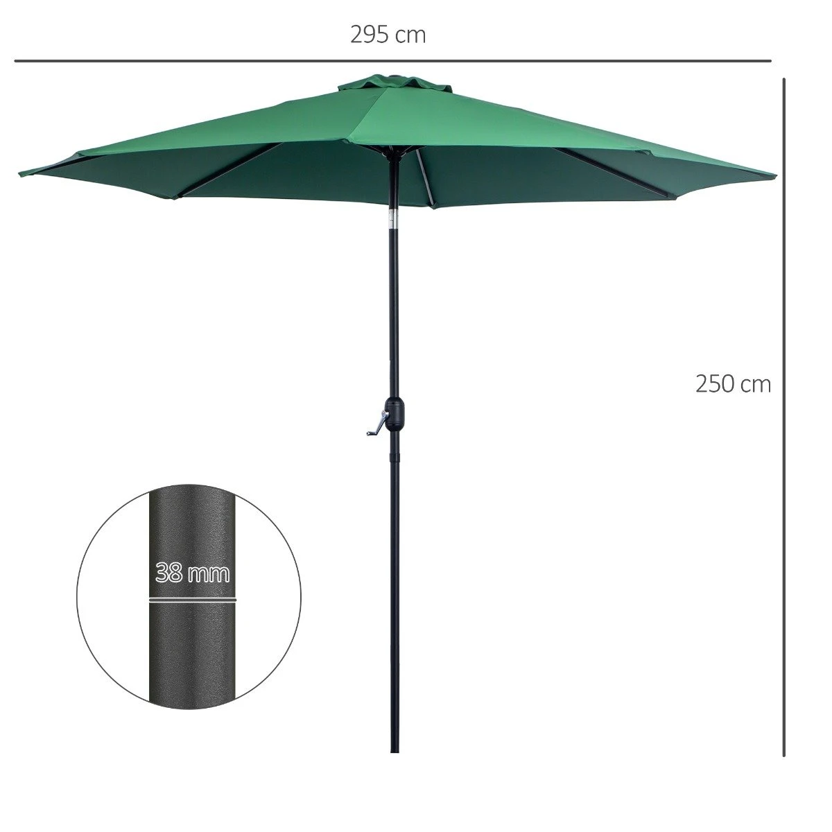 Outsunny Sombrilla De Jardín Ø295x250 Cm Con Manivela Parasol Exterior Con Mecanismo De Inclinación Y Poste Desmontable De Metal Para Terraza Piscina Patio Verde 5 Outsunny Sombrilla De Jardín Ø295x250 Cm Con Manivela Parasol Exterior Con Mecanismo De Inclinación Y Poste Desmontable De Metal Para Terraza Piscina Patio Verde - Imagen 3