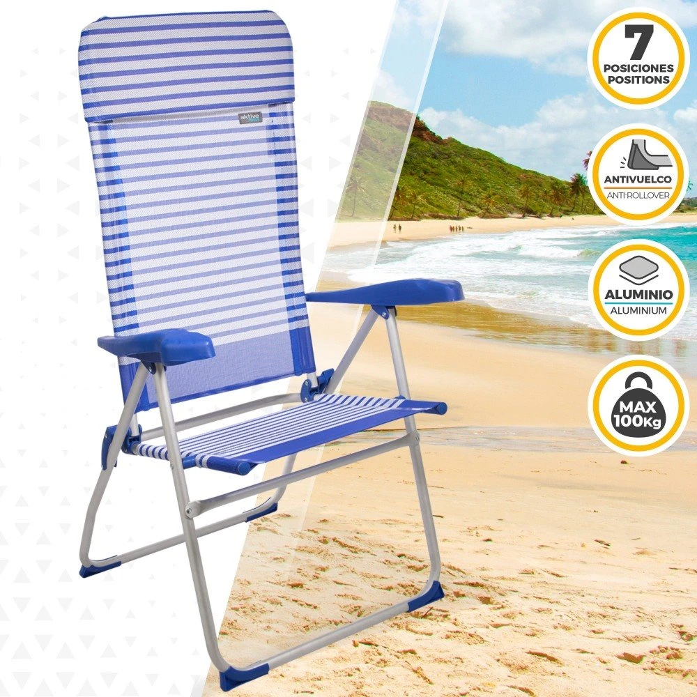 Silla Plegable Aluminio 7 Posiciones Con Cojín 47x61x118 Cm Aktive Beach 4 Silla Plegable Aluminio 7 Posiciones Con Cojín 47x61x118 Cm Aktive Beach - Imagen 2