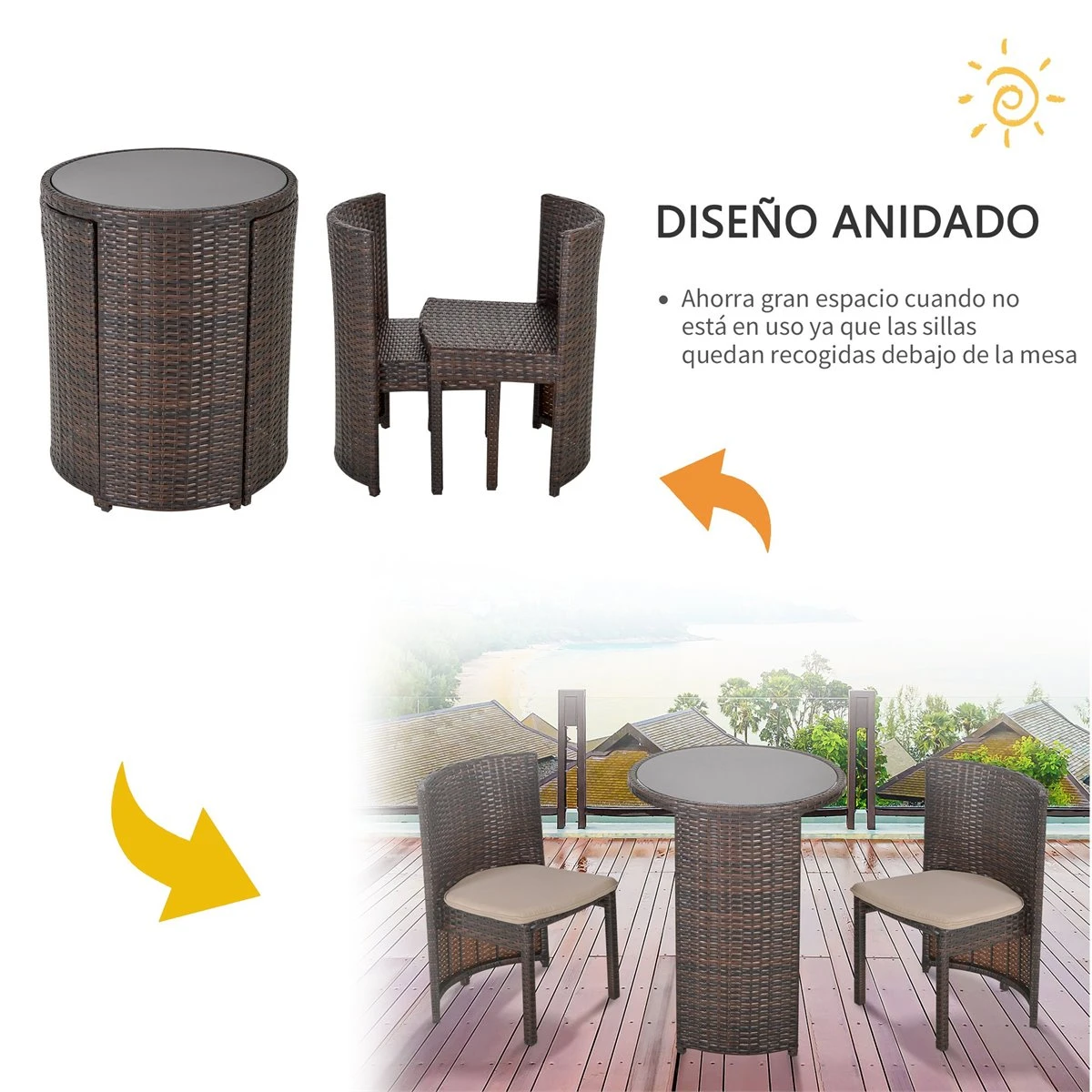 Outsunny Conjunto De Muebles Ratán De Jardín 3 Piezas Con 1 Mesa De Café Y 2 Sillas Con Cojines Para Terraza Exterior Fácil Almacenaje Acero Marrón 6 Outsunny Conjunto De Muebles Ratán De Jardín 3 Piezas Con 1 Mesa De Café Y 2 Sillas Con Cojines Para Terraza Exterior Fácil Almacenaje Acero Marrón - Imagen 4