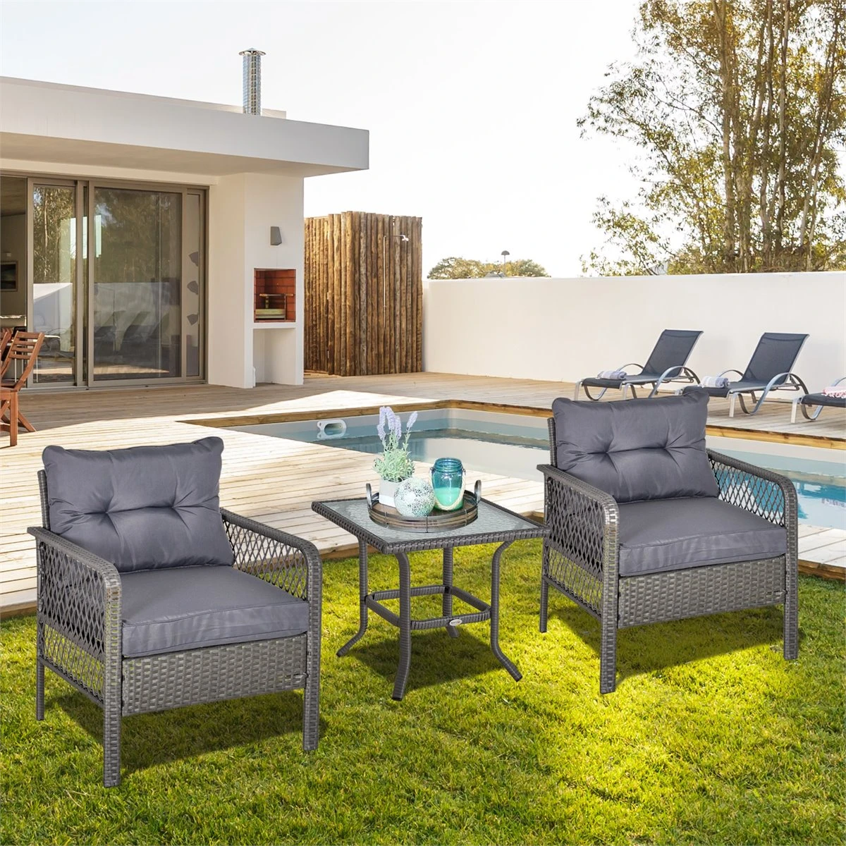 Outsunny Conjunto De Muebles De Ratán 3 Piezas De Jardín 2 Sillones 65x66x75 Cm Y Mesa De Vidrio Templado 50x50x50 Cm Con Cojines Acolchados Para Terraza Patio Gris 9 Outsunny Conjunto De Muebles De Ratán 3 Piezas De Jardín 2 Sillones 65x66x75 Cm Y Mesa De Vidrio Templado 50x50x50 Cm Con Cojines Acolchados Para Terraza Patio Gris - Imagen 7