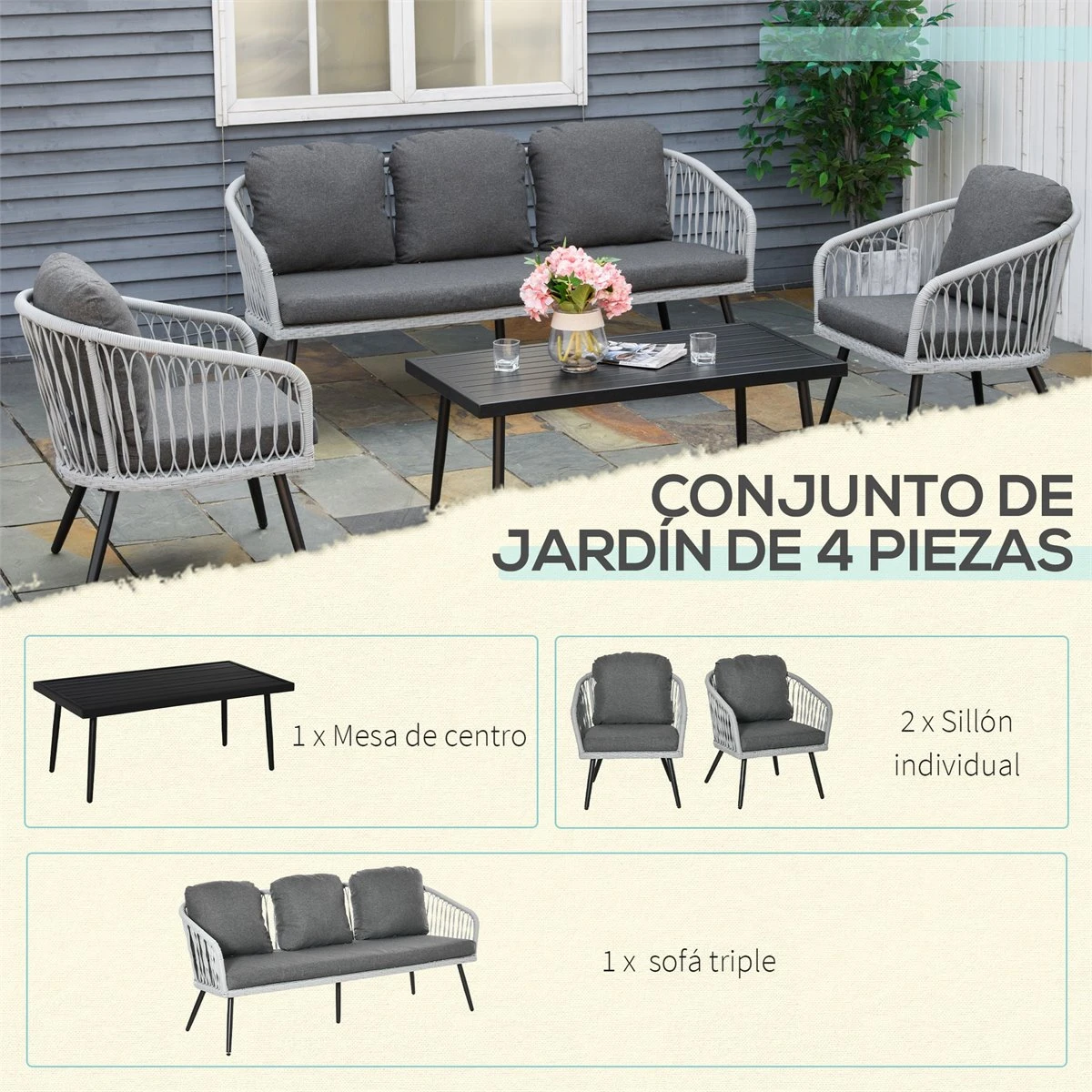 Outsunny Conjunto De Muebles De Ratán Y Aluminio Juego De Muebles De Jardín 4 Piezas Mesa De Café Sofá De 3 Plazas Y 2 Sillones Con Cojines Para Terraza Exterior Gris 7 Outsunny Conjunto De Muebles De Ratán Y Aluminio Juego De Muebles De Jardín 4 Piezas Mesa De Café Sofá De 3 Plazas Y 2 Sillones Con Cojines Para Terraza Exterior Gris - Imagen 5
