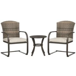 Outsunny Conjunto De Muebles De Jardín De Ratán 3 Piezas Muebles De Patio Incluye 2 Sillas Mecedoras Con Cojines Y Mesa Redonda Para Terraza Césped Balcón Marrón