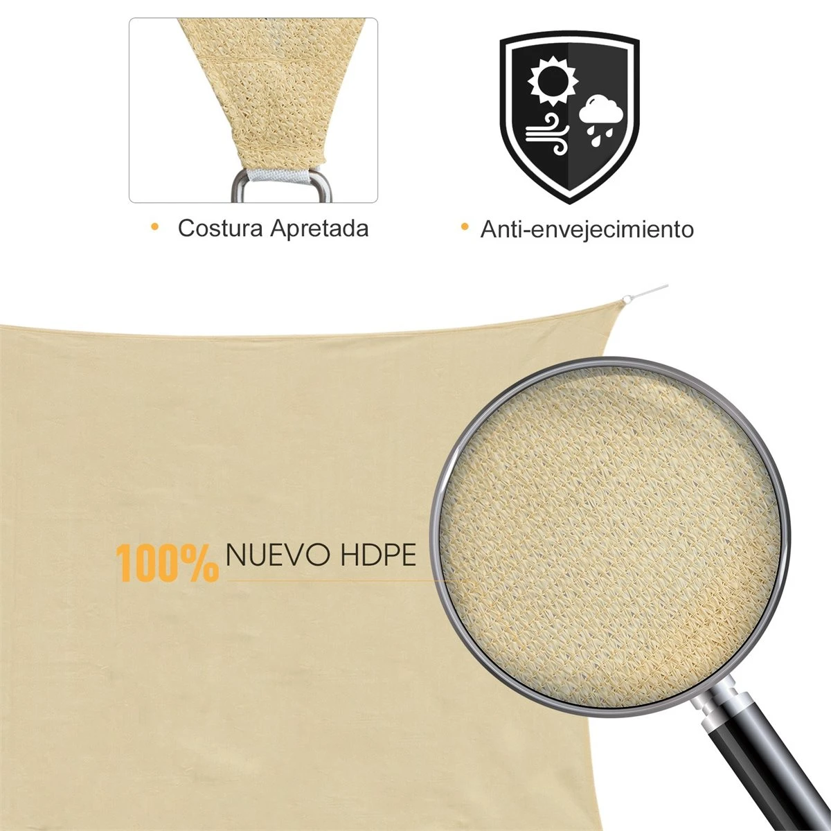 Outsunny - Toldo Vela Cuadrado (varios Tamaños Y Colores), Tamaño 3x3m, Color Arena 6 Outsunny - Toldo Vela Cuadrado (varios Tamaños Y Colores), Tamaño 3x3m, Color Arena - Imagen 4