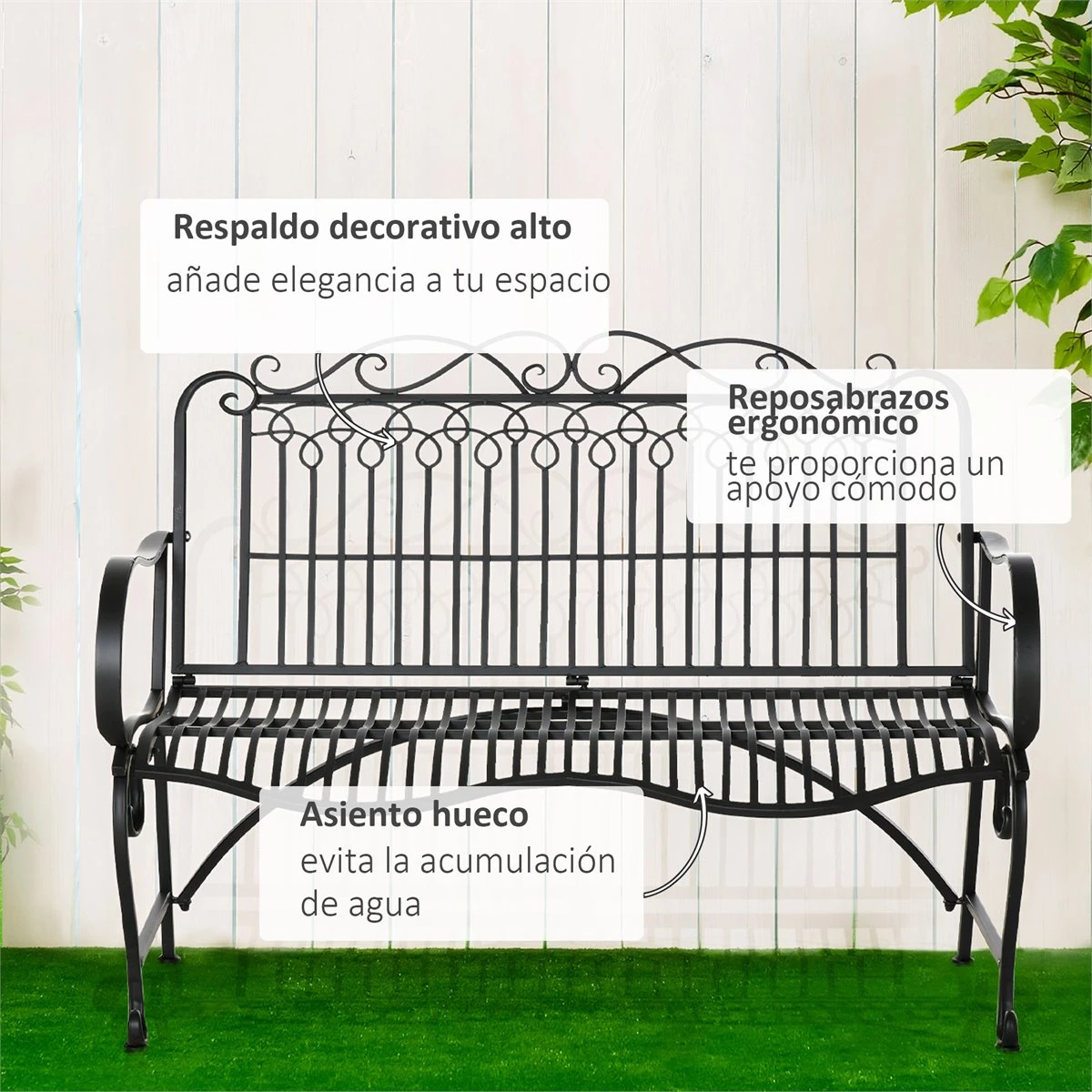 Outsunny Banco De Jardín De 2 Plazas 110x60x97 Cm Banco De Exterior De Metal Con Respaldo Decorativo Y Reposabrazos Para Terraza Balcón Patio Carga 200 Kg Negro 7 Outsunny Banco De Jardín De 2 Plazas 110x60x97 Cm Banco De Exterior De Metal Con Respaldo Decorativo Y Reposabrazos Para Terraza Balcón Patio Carga 200 Kg Negro - Imagen 5
