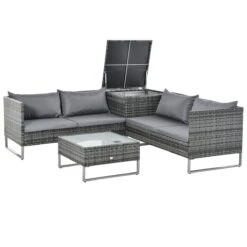 Outsunny Conjunto De 4 Muebles De Jardín De Ratán Con 2 Sofás Dobles Mesa Central Mesa Con Arcón Cojines Extraíbles Para Terraza Exterior 132x69x64 Cm Gris