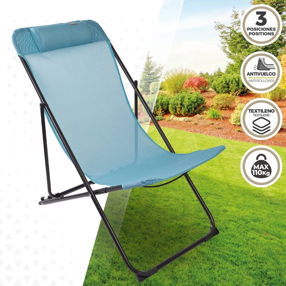 Silla Tumbona Plegable De Jardín Multiposición Azul Con Asa Aktive 4 Silla Tumbona Plegable De Jardín Multiposición Azul Con Asa Aktive - Imagen 2