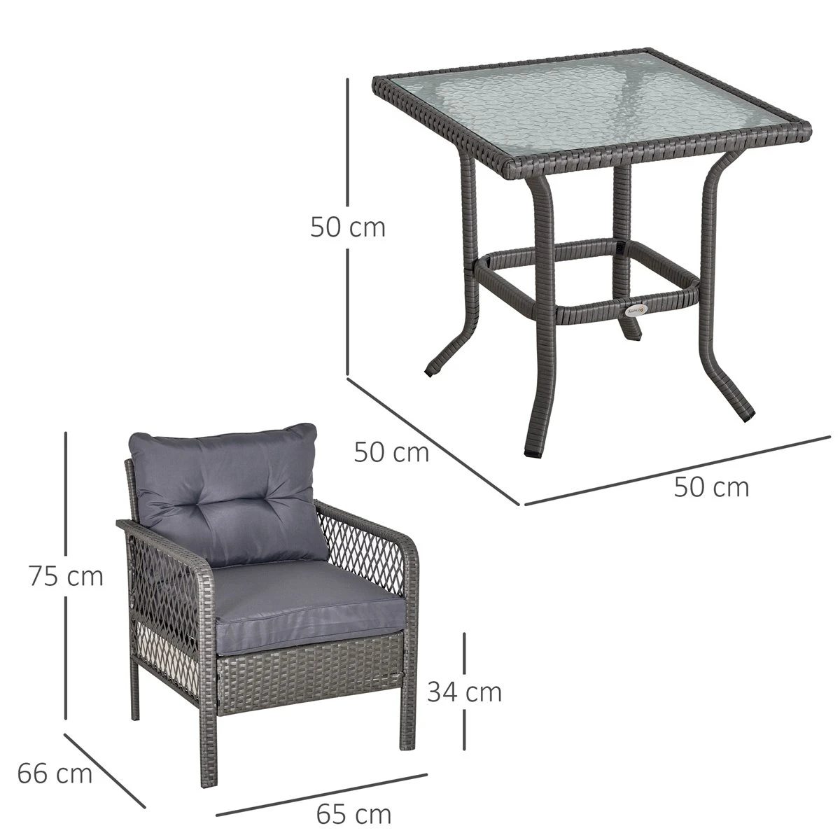 Outsunny Conjunto De Muebles De Ratán 3 Piezas De Jardín 2 Sillones 65x66x75 Cm Y Mesa De Vidrio Templado 50x50x50 Cm Con Cojines Acolchados Para Terraza Patio Gris 5 Outsunny Conjunto De Muebles De Ratán 3 Piezas De Jardín 2 Sillones 65x66x75 Cm Y Mesa De Vidrio Templado 50x50x50 Cm Con Cojines Acolchados Para Terraza Patio Gris - Imagen 3